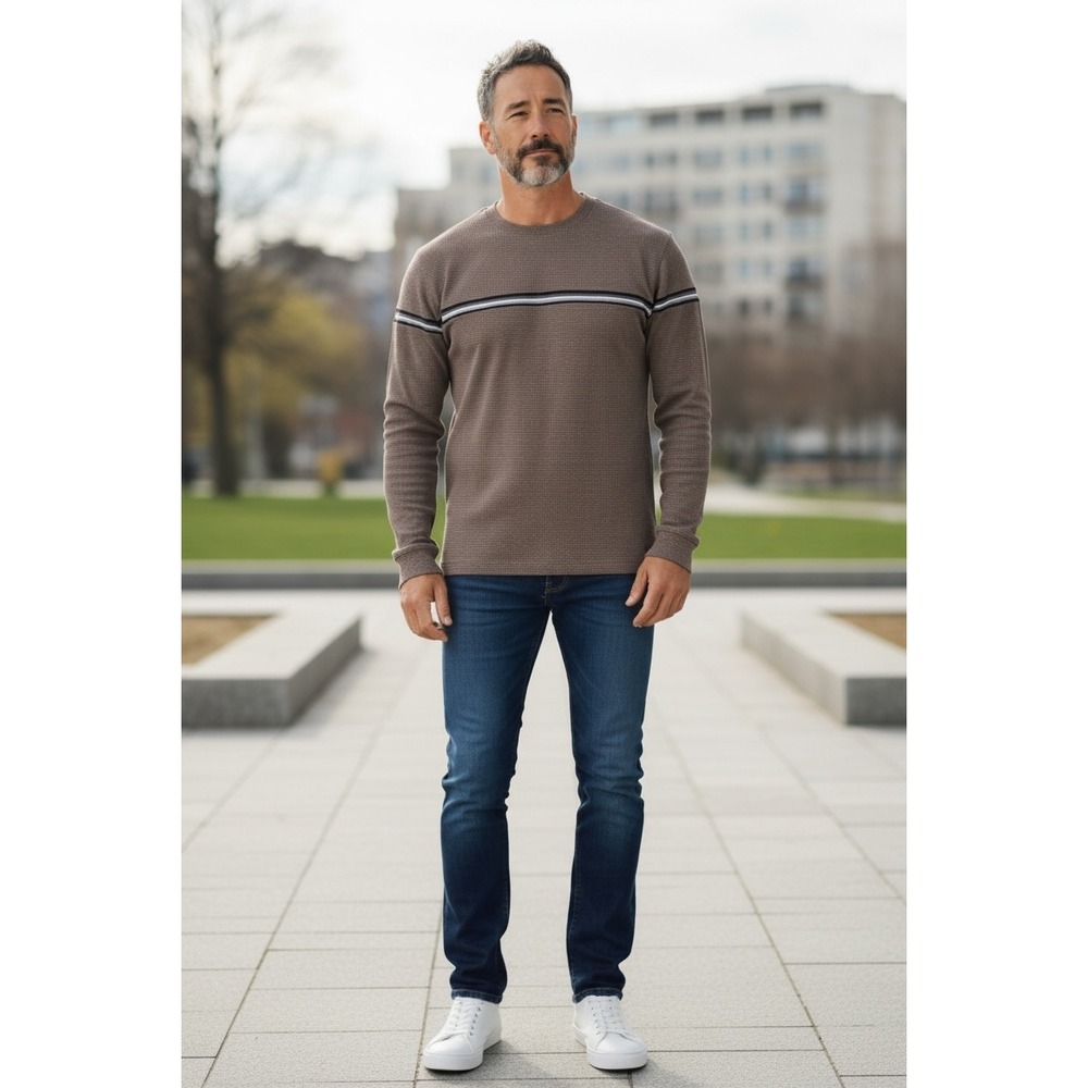 XG Mens Brown Waffle Knit Long Sleeve‎ Crewneck Shirt Size M